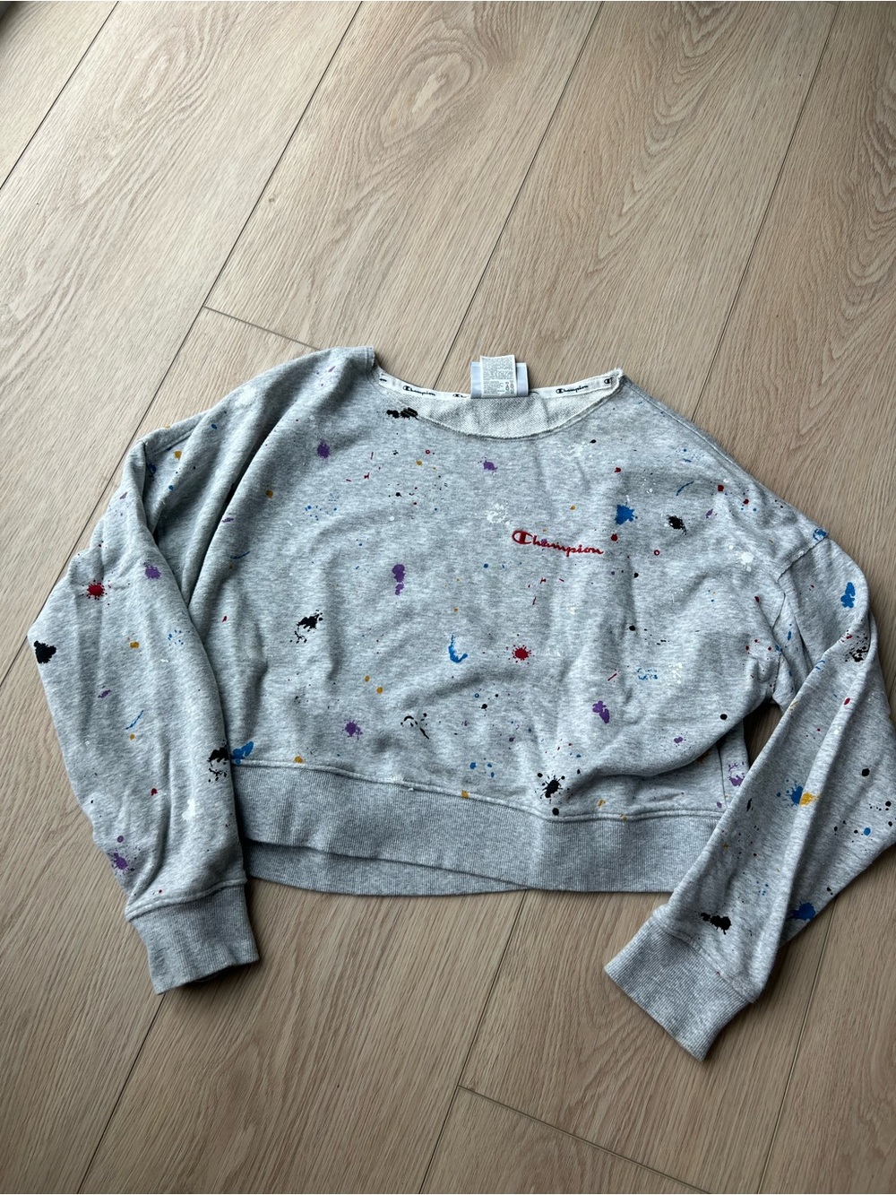 Champion Gray Cropped Paint-Splatter design Sweatshirt